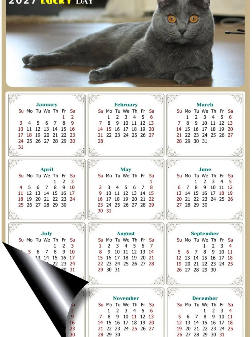 2027 Magnetic Calendar - Today is my Lucky Day - Cat Themed 014 (7 x 10.5)